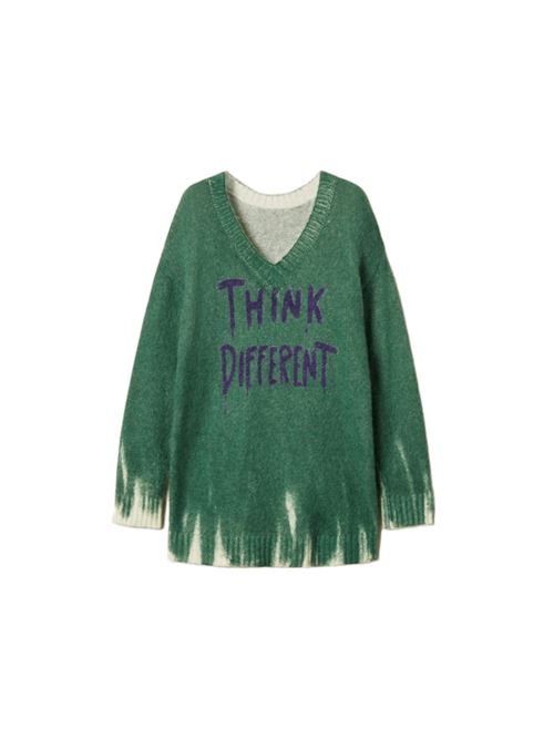 Maglia da donna in misto lana, sc. V, stampa digitale effetto spray THINK DIFFERENT. colore verde. TWINSET | 252AQ306013032